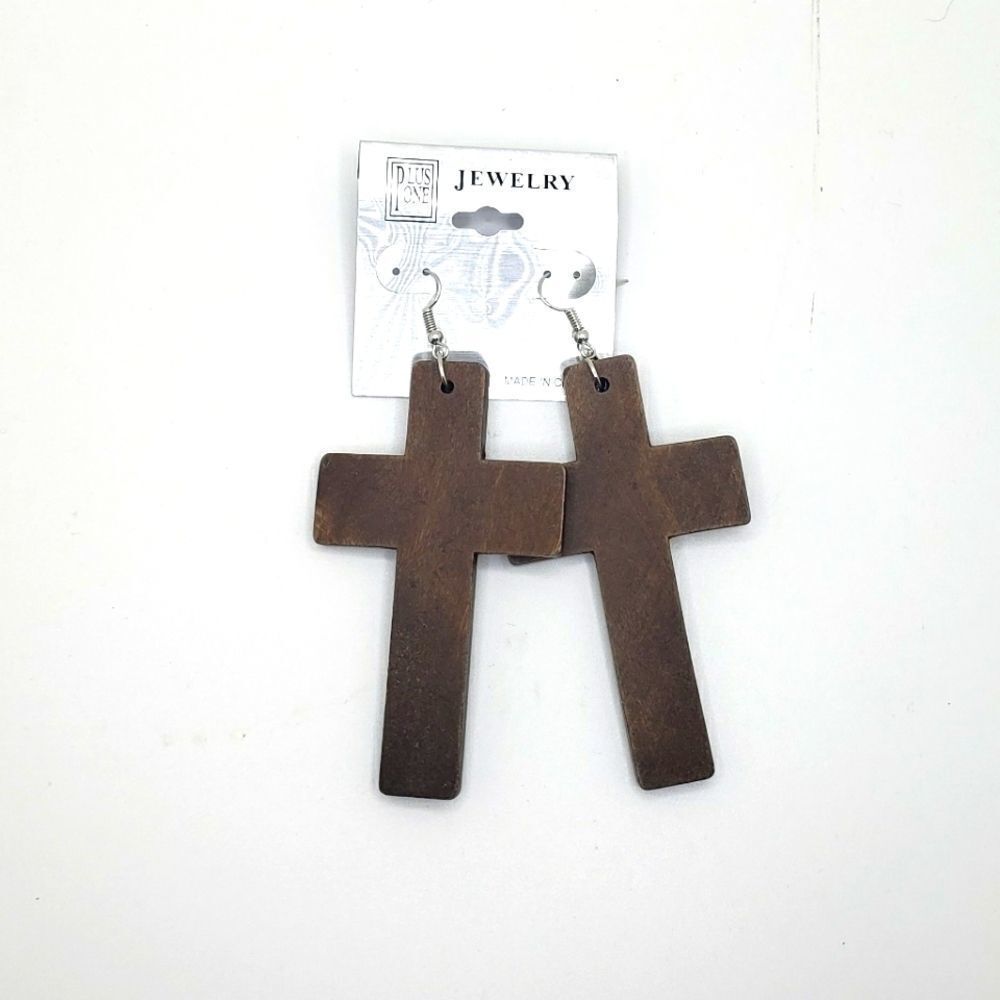 Brown Wood Cross Crucifix Earrings Drop Earrings Boho